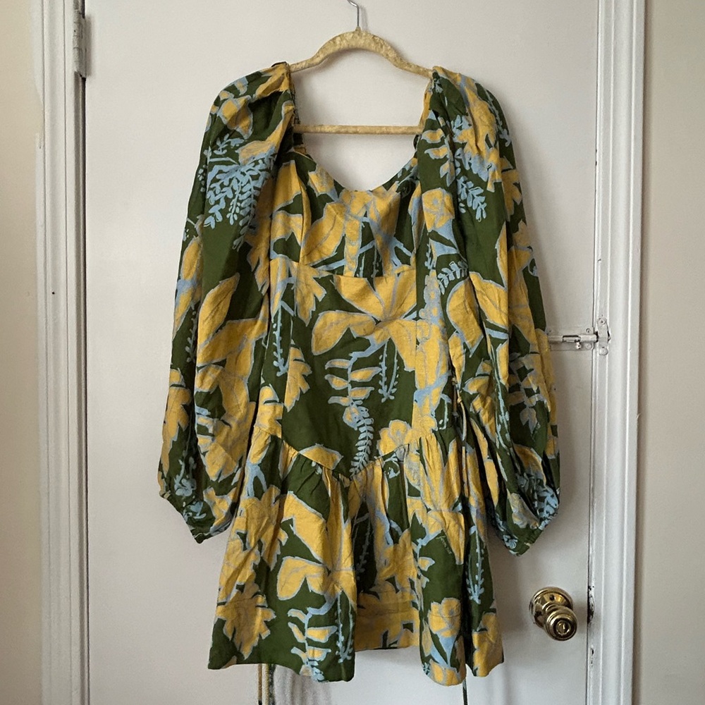 NWT FARM Rio Olive Green Mini Dress with Yellow & Light Blue Floral Print